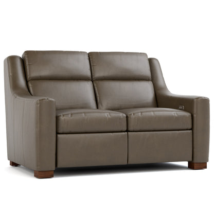 Hawley Power Motion Loveseat Futuro Gray Leather Dark Maple Finish