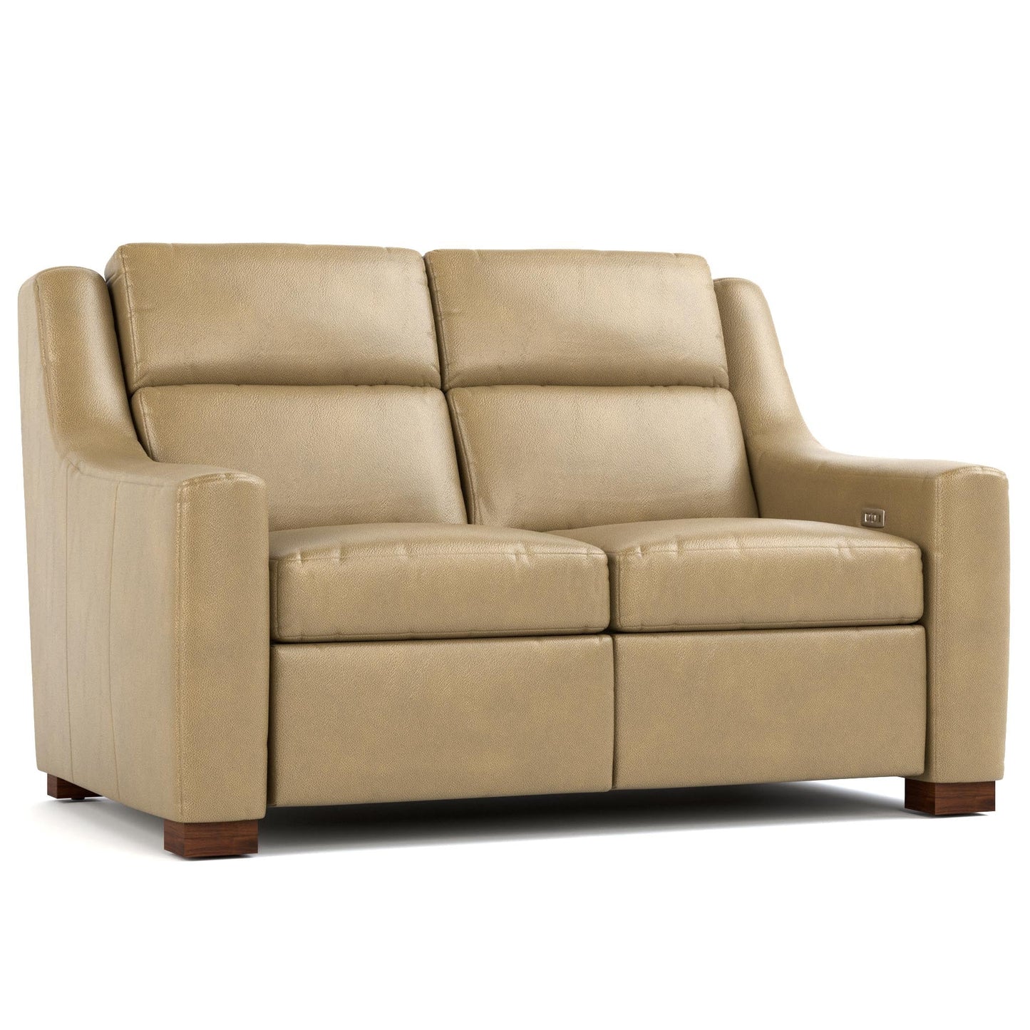 Hawley Power Motion Loveseat Futuro Taupe Leather Dark Maple Finish