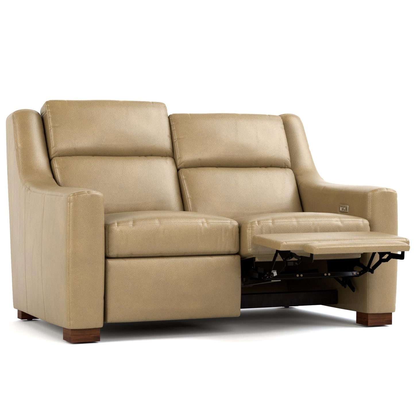 Hawley Power Motion Loveseat Futuro Taupe Leather Dark Maple Finish