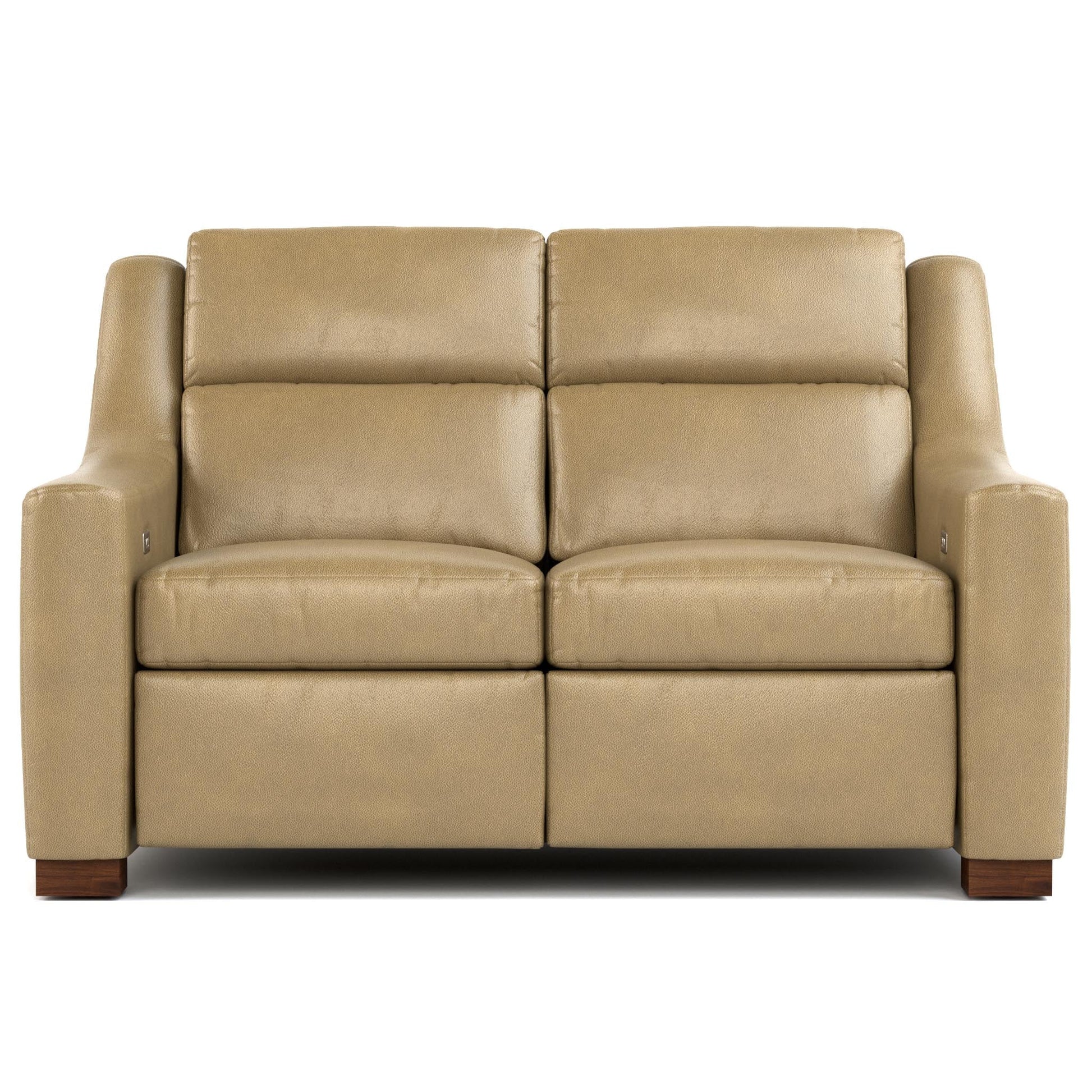 Hawley Power Motion Loveseat Futuro Taupe Leather Dark Maple Finish