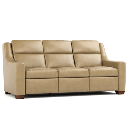 Hawley Power Motion Sofa Futuro Taupe Leather Dark Maple Finish