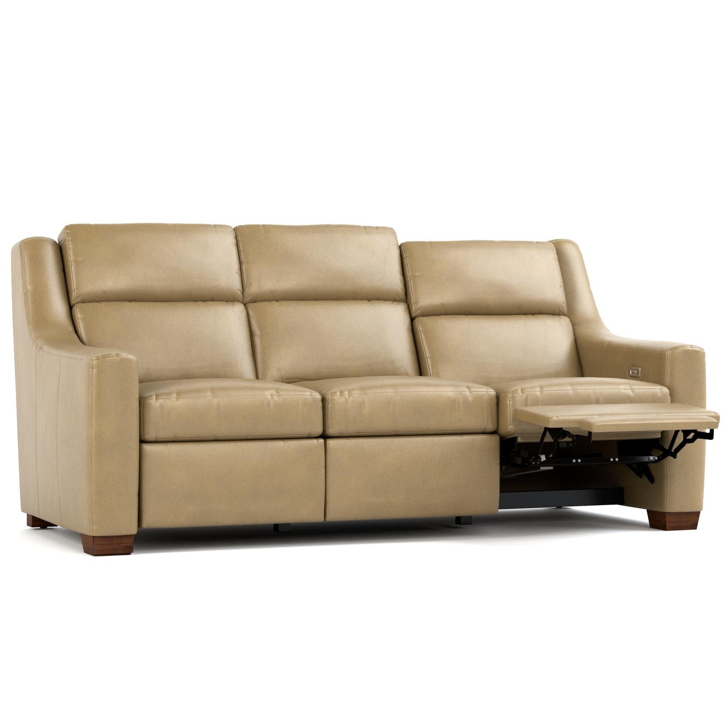 Hawley Power Motion Sofa Futuro Taupe Leather Dark Maple Finish