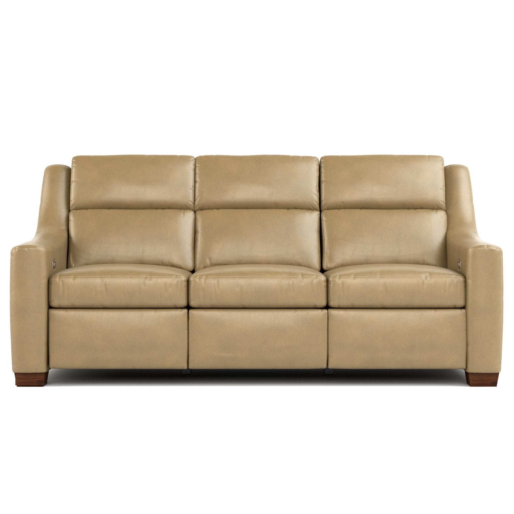 Hawley Power Motion Sofa Futuro Taupe Leather Dark Maple Finish