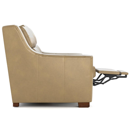 Hawley Power Motion Sofa Futuro Taupe Leather Dark Maple Finish