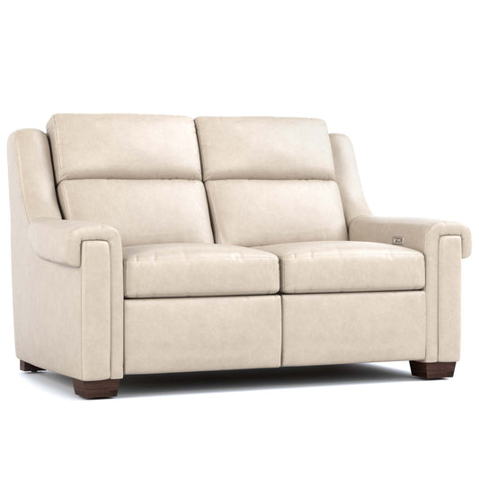 Chester Power Motion Loveseat Sorrento Moonshine Leather Dark Maple Finish