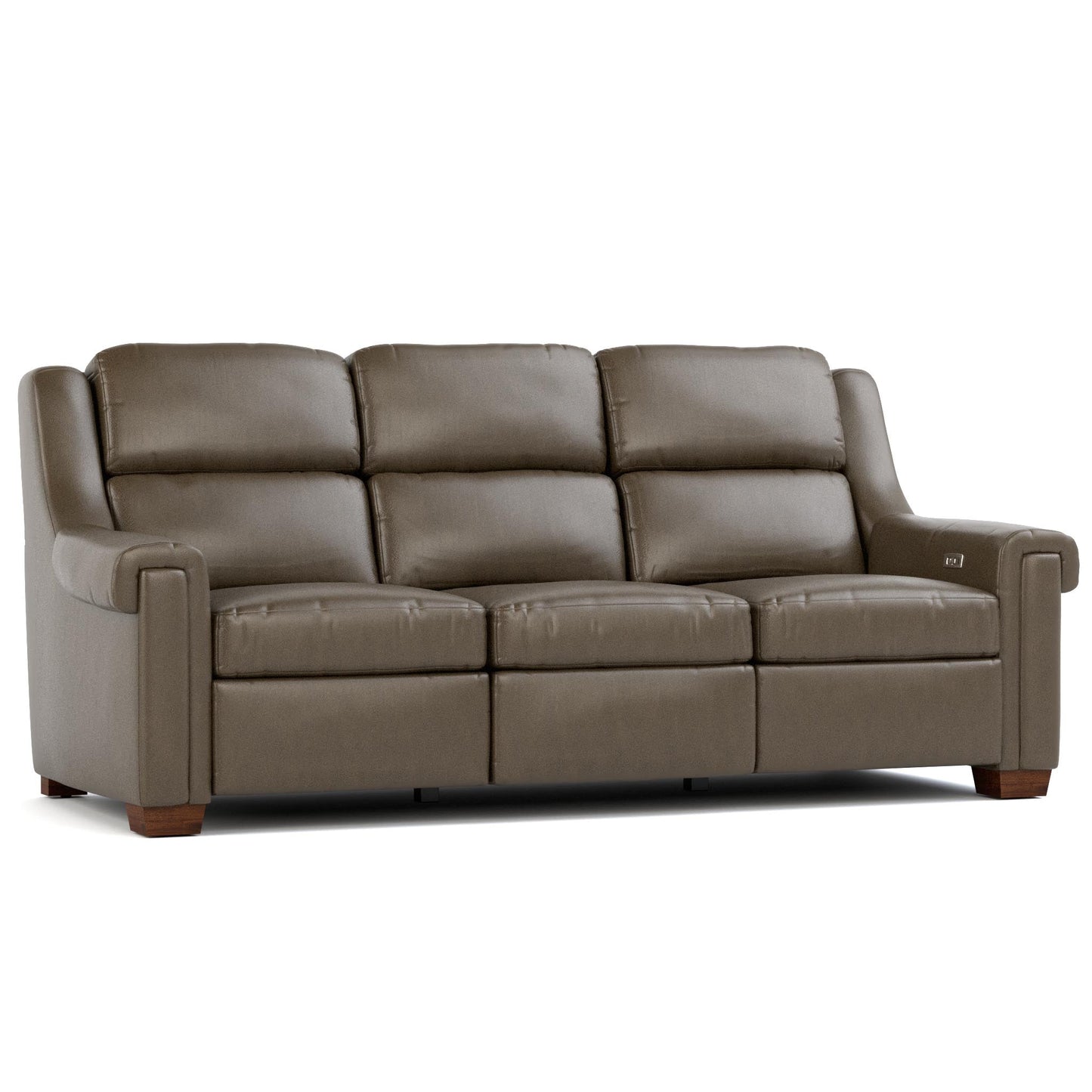 Chester Power Motion Sofa Futuro Gray Leather Dark Maple Finish