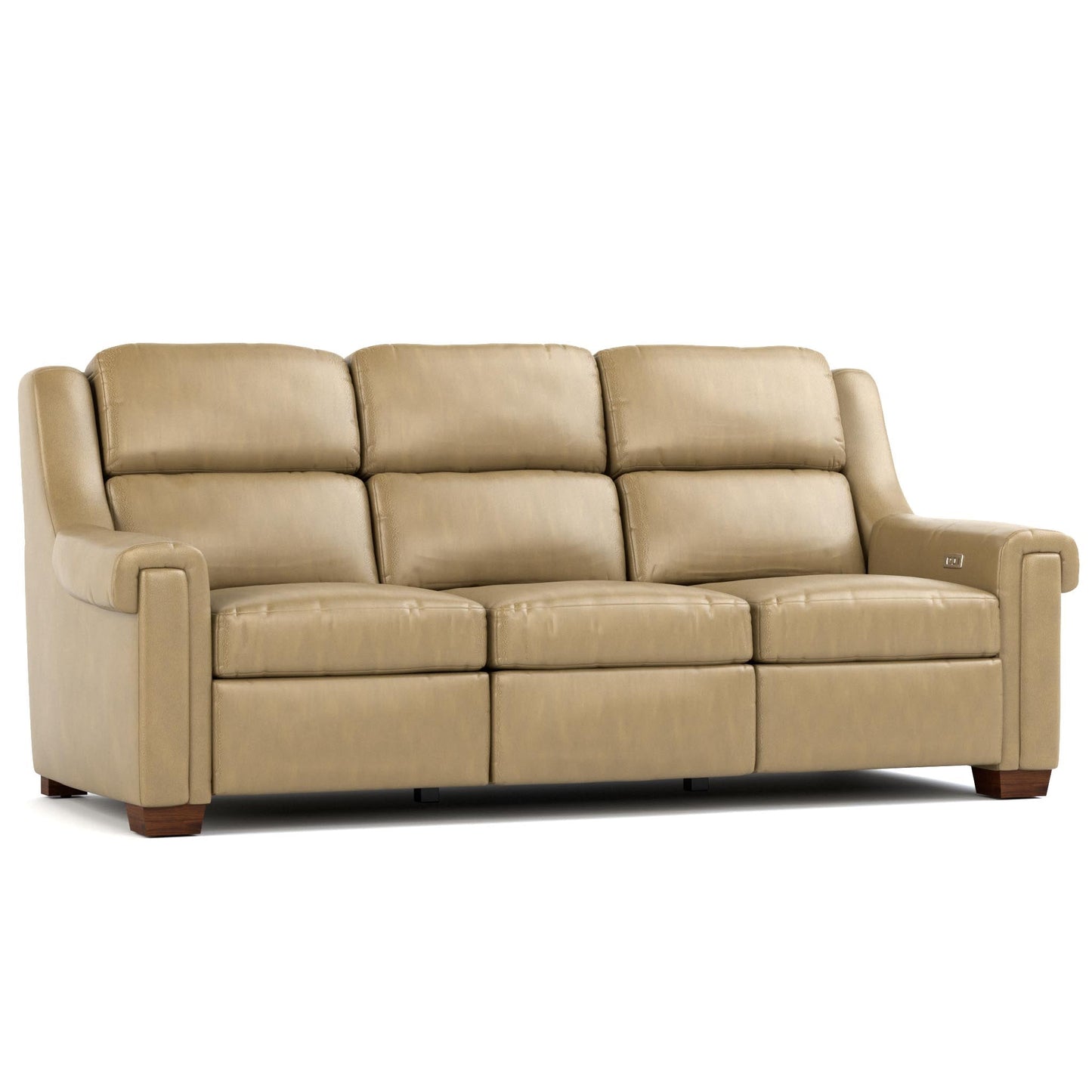 Chester Power Motion Sofa Futuro Taupe Leather Dark Maple Finish