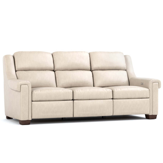 Chester Power Motion Sofa Sorrento Moonshine Leather Dark Maple Finish